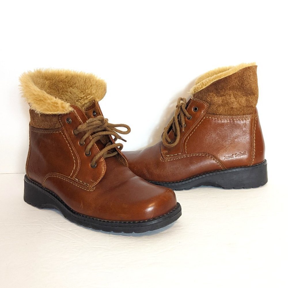 Leather‎ Fur Lined Boots Josef Seibel Heritagecore Lace Up Preppy Academia Brown